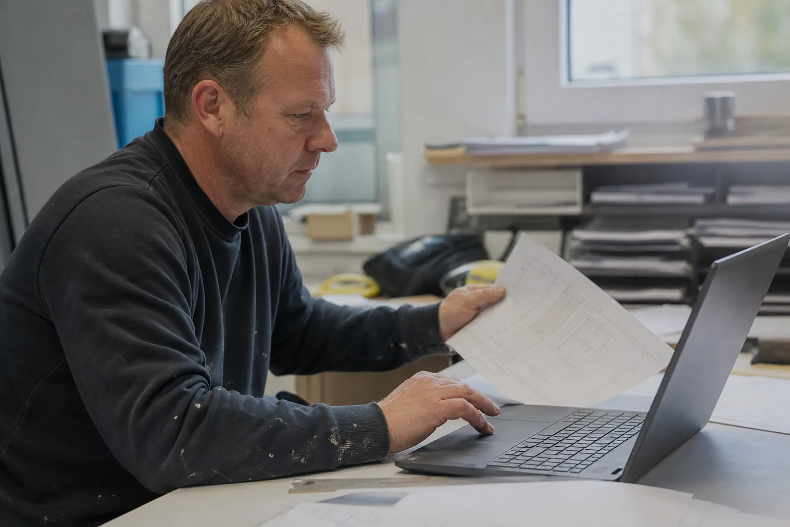 Handwerker erstellt aus Aufmaß und Leistungsaufstellung eine Rechnung am Laptop