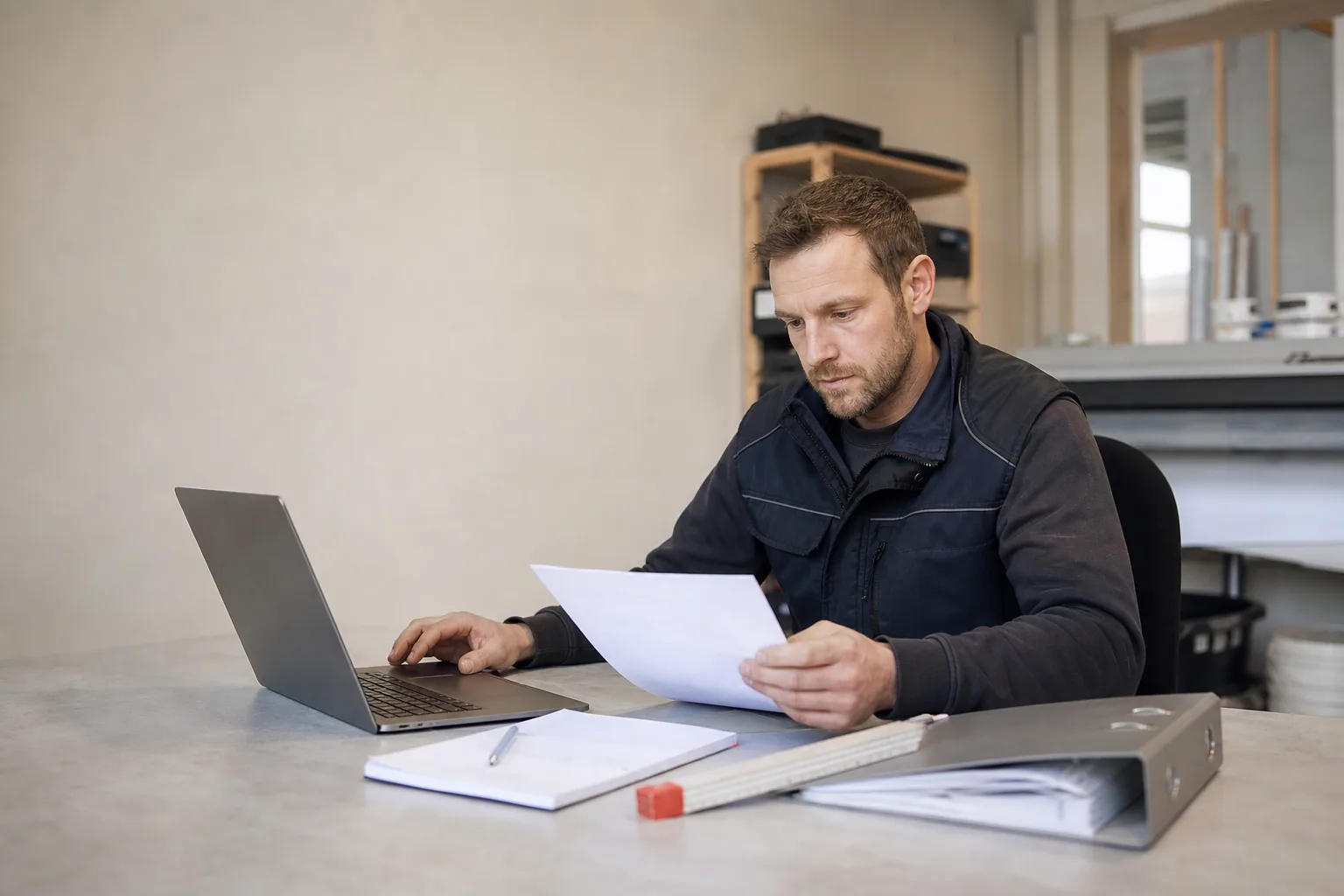 Handwerker prüft eine Rechnung am Laptop in seiner Werkstatt